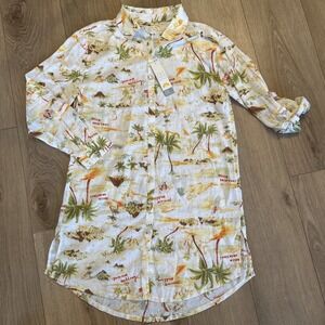 C & C California Women's Linen Blend Tropical Button‎ Front Shirt Dress Medium